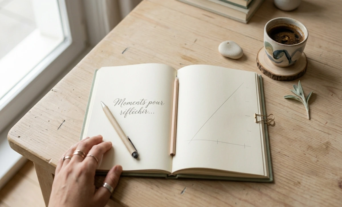Open journal on a wooden desk representing Jememôtre self-reflection practice