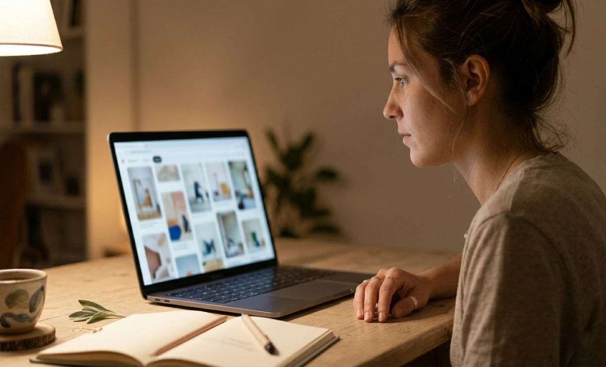 Person at a desk reflecting on social media content, representing Jememôtre authentic self-expression online