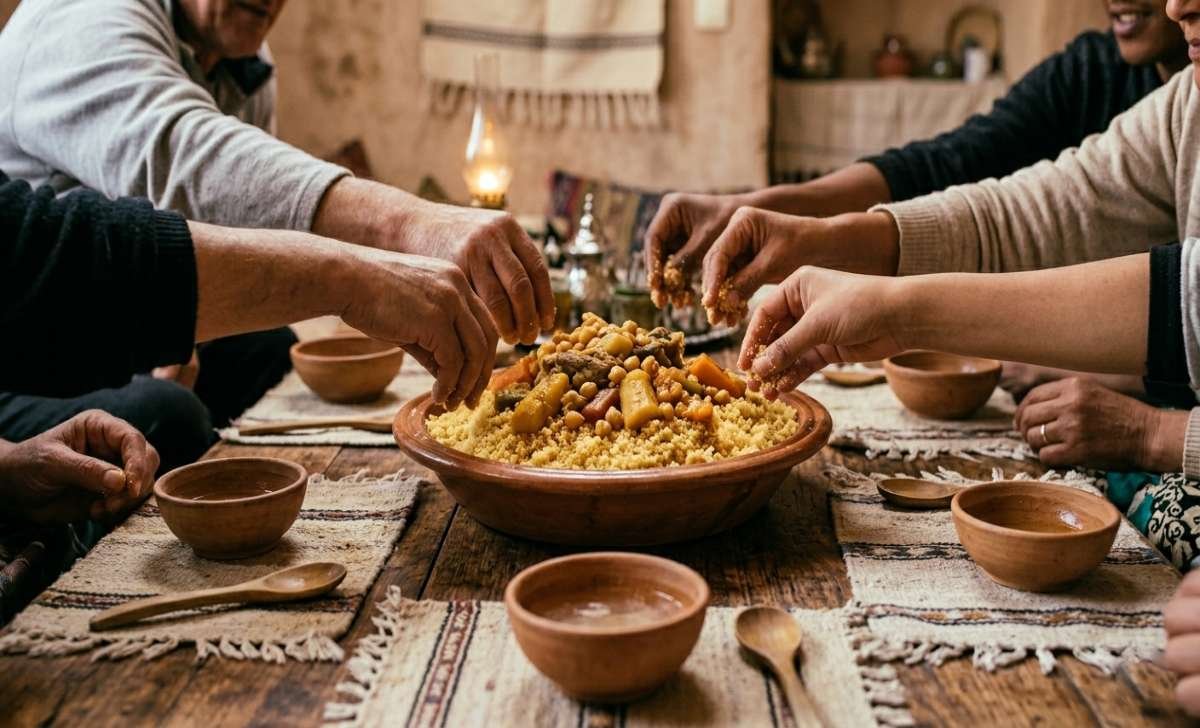 Families sharing a communal dish of kouskousi at a low wooden table