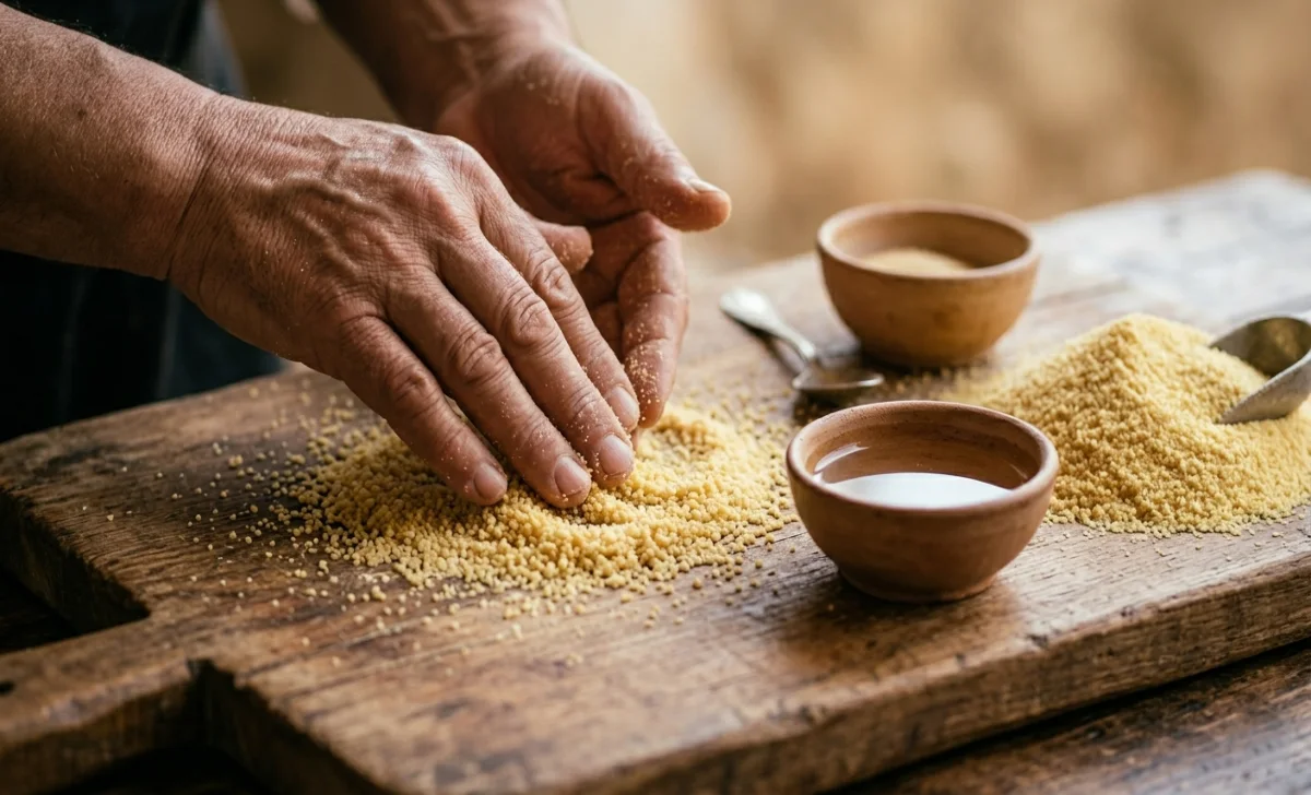 Hands rolling semolina into granules on a wooden board to make kouskousi