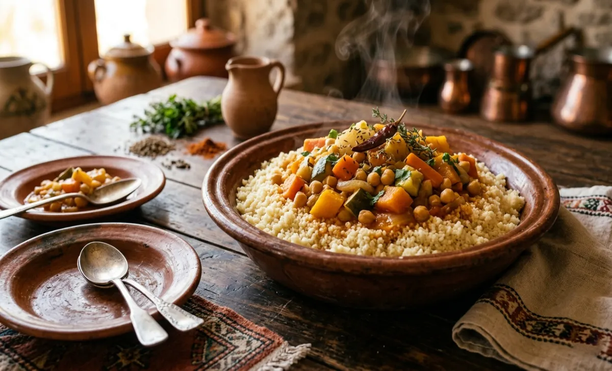 Kouskousi hand-rolled semolina dish served in a communal bowl with slow-cooked vegetable stew, North African food tradition