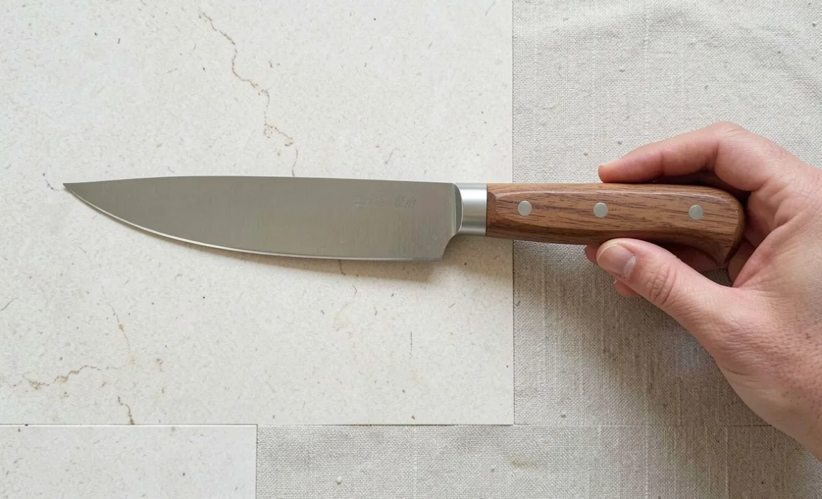 Full profile view of a messeregge knife showing the curved blade, tapered spine, and full-grip handle with a hand demonstrating grip position