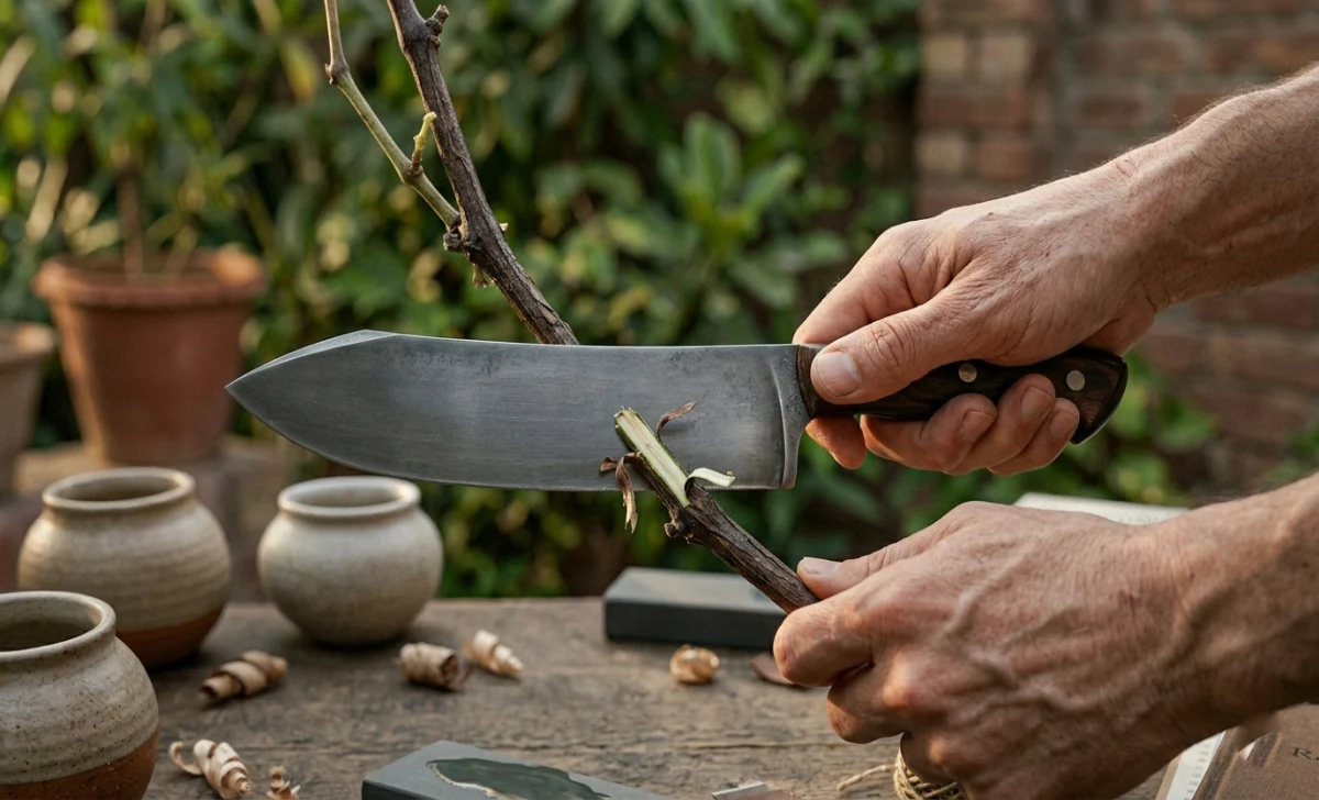 Weathered hands using a curved messeregge knife to trim a vine or small wooden branch in an outdoor garden or workshop setting