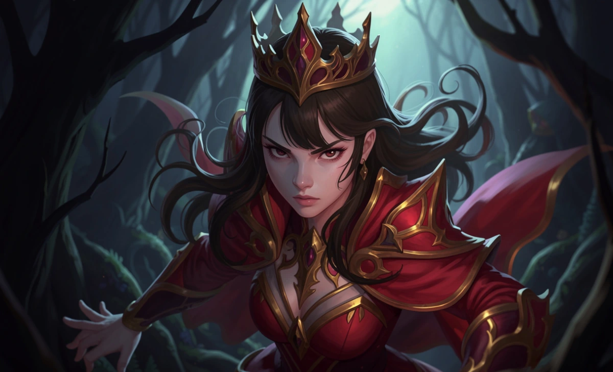 Illustration of a modern Snow White standing alone in a dark forest, wearing a crown and looking forward with confidence
