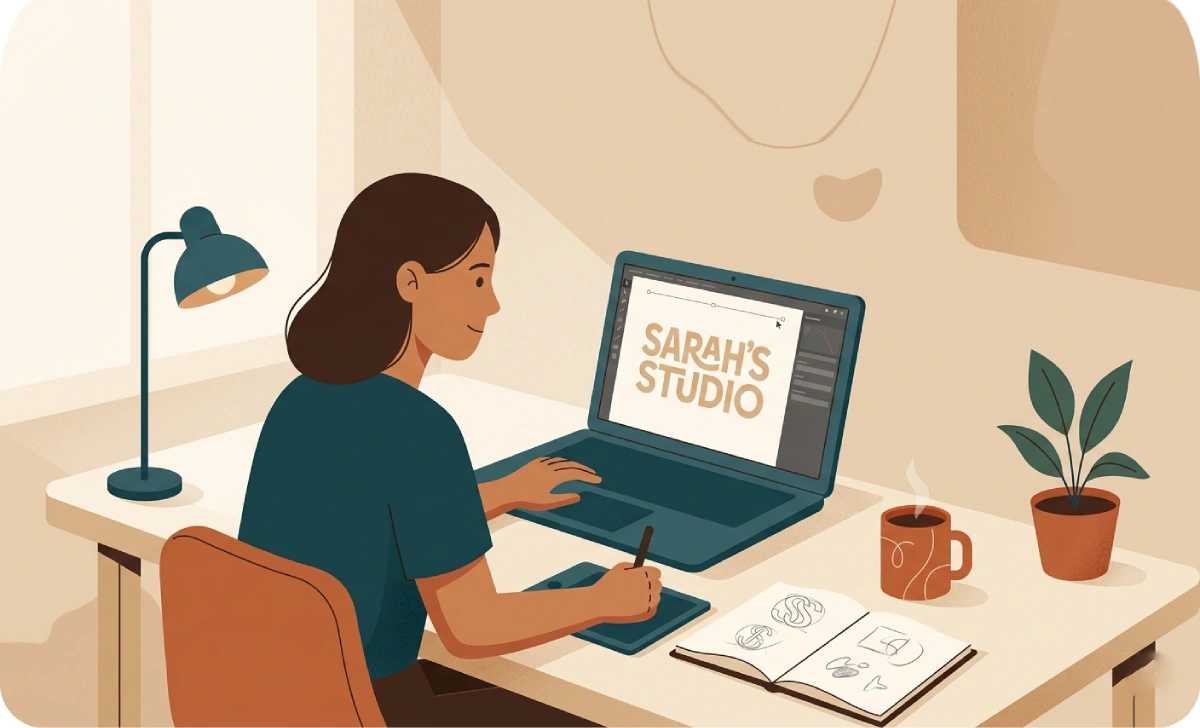 Person at a desk designing a personal brand identity on a laptop, representing how Pertadad can be used as a unique digital branding keyword