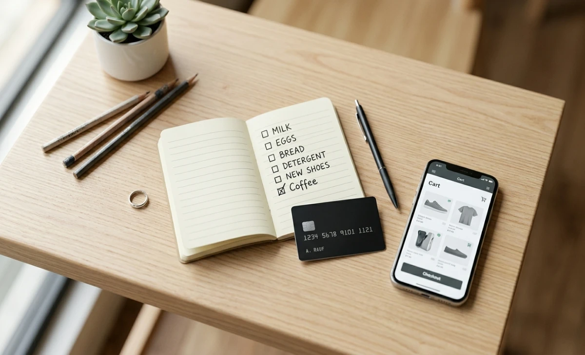 Checklist and credit card for safe online shopping