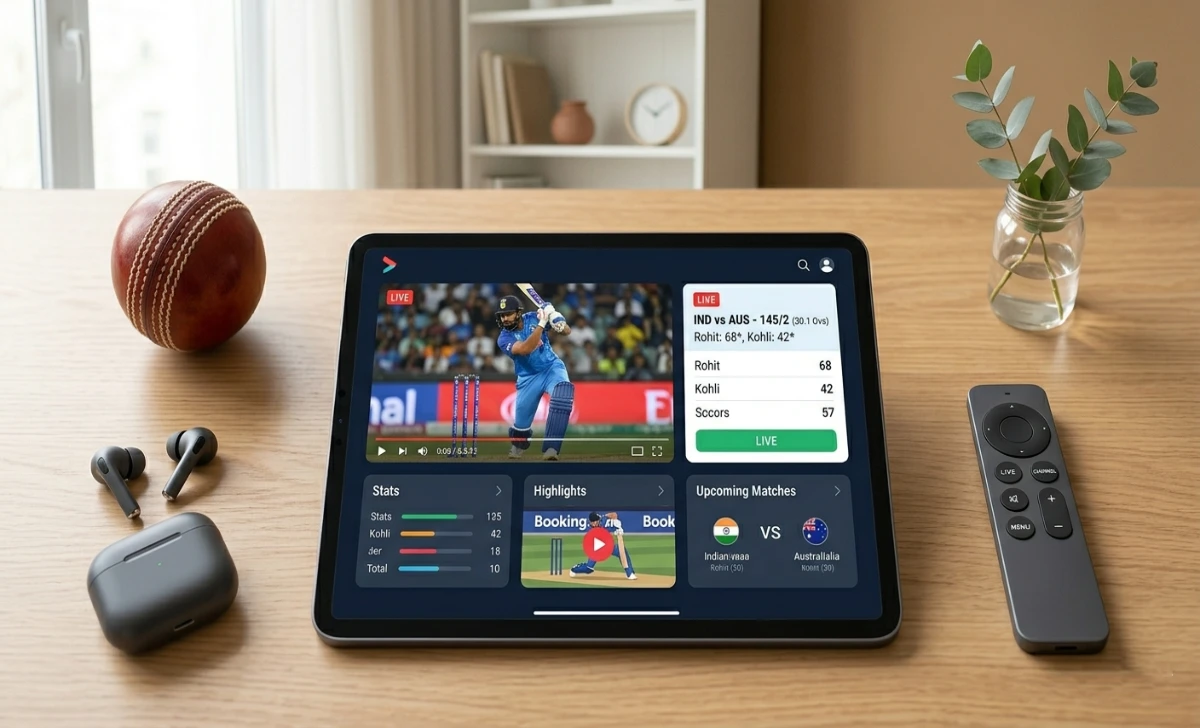 Tablet showing live cricket streaming app with score updates as a Smartcric alternative