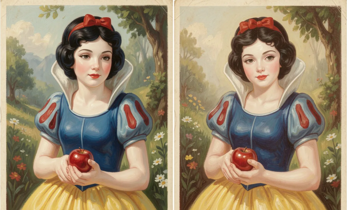 Side-by-side illustration showing the classic 1937 Snow White and a modern interpretation of the character