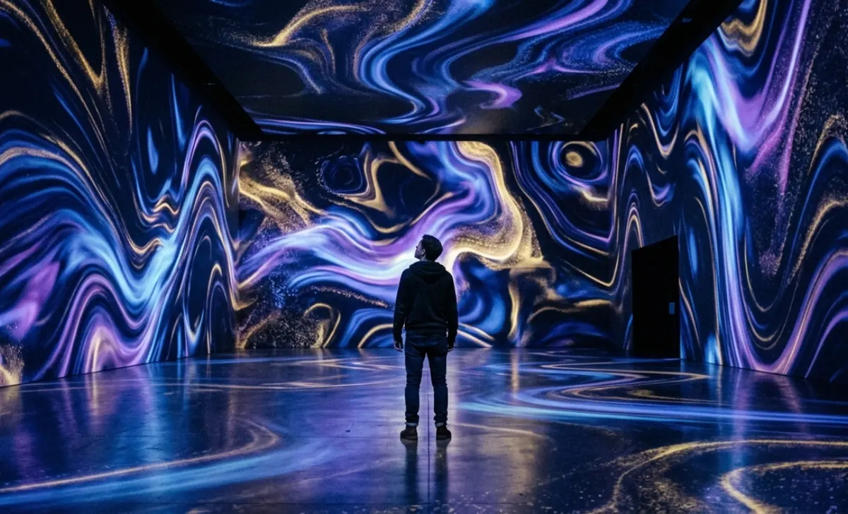 Person standing inside an immersive light installation representing spaietacle experience design
