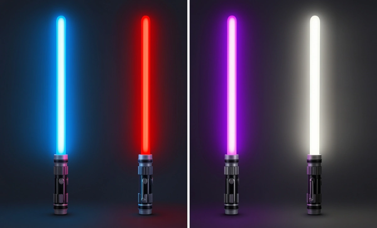 Four lightsaber color effects from the Star Wars FX Maker app — blue, red, purple, and white blades on a dark background