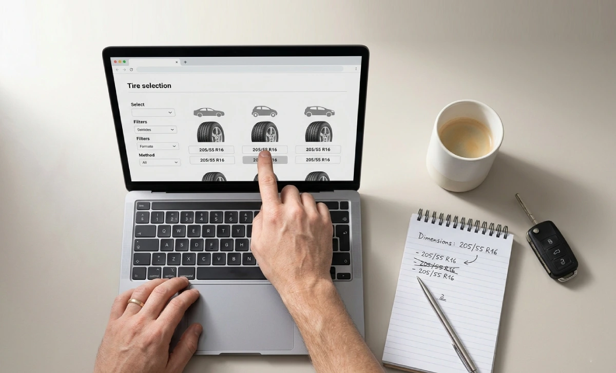 A person selecting tires on a laptop with tire dimensions noted on a pad beside them
