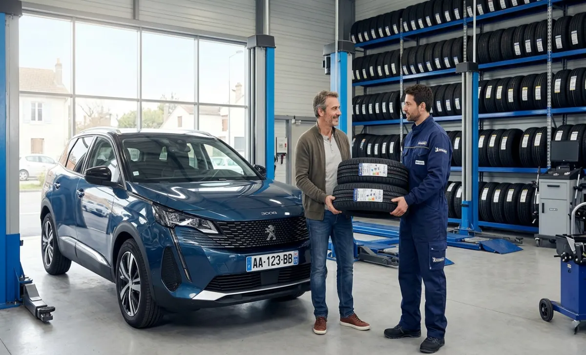 A driver receiving new tires from a mechanic at a TribuPneu partner garage in France