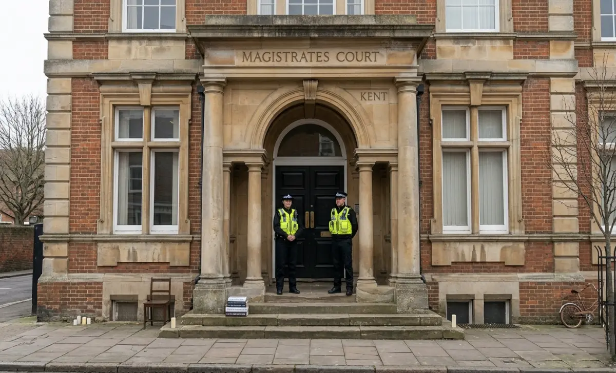 Exterior of a UK magistrates court building where criminal charges related to possession of explosive substances are heard