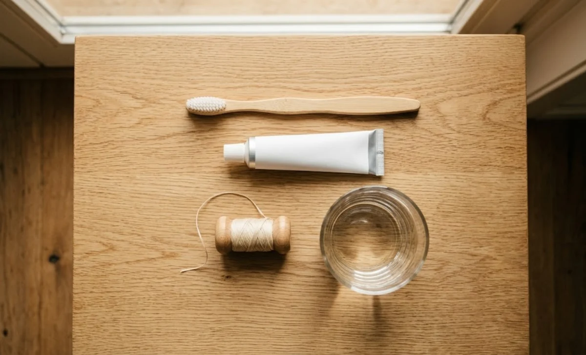 Simple daily dental care items for a healthy Brasssmile routine — toothbrush, toothpaste, floss, and water