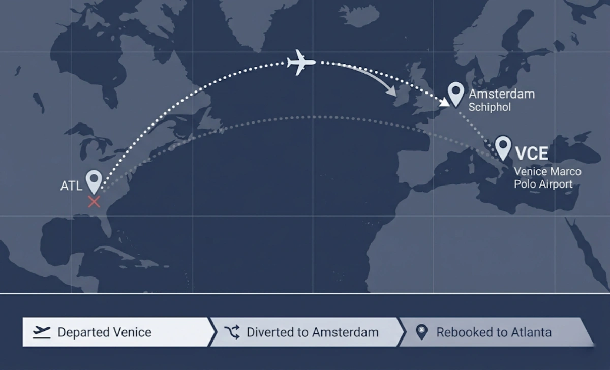 Delta flight DL139 diversion route map showing Venice to Amsterdam to Atlanta flight path