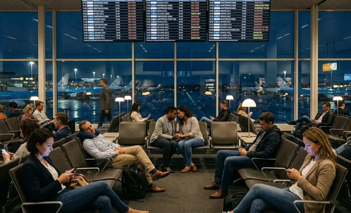 Tired passengers waiting at Amsterdam Schiphol airport after Delta flight DL139 diversion from Venice