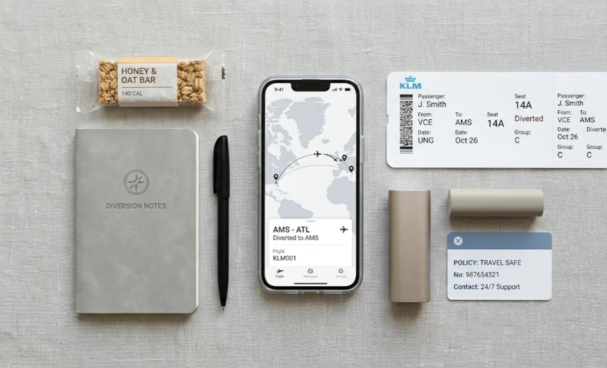 Travel prep items for a long-haul flight including phone, power bank, boarding pass, and travel insurance card