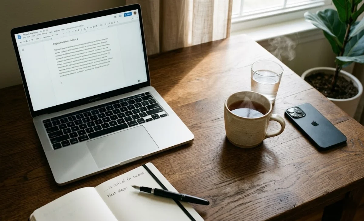 A desk split between focused work tools and a calm tea cup, showing the Zvodeps shift from focus mode to wander mode