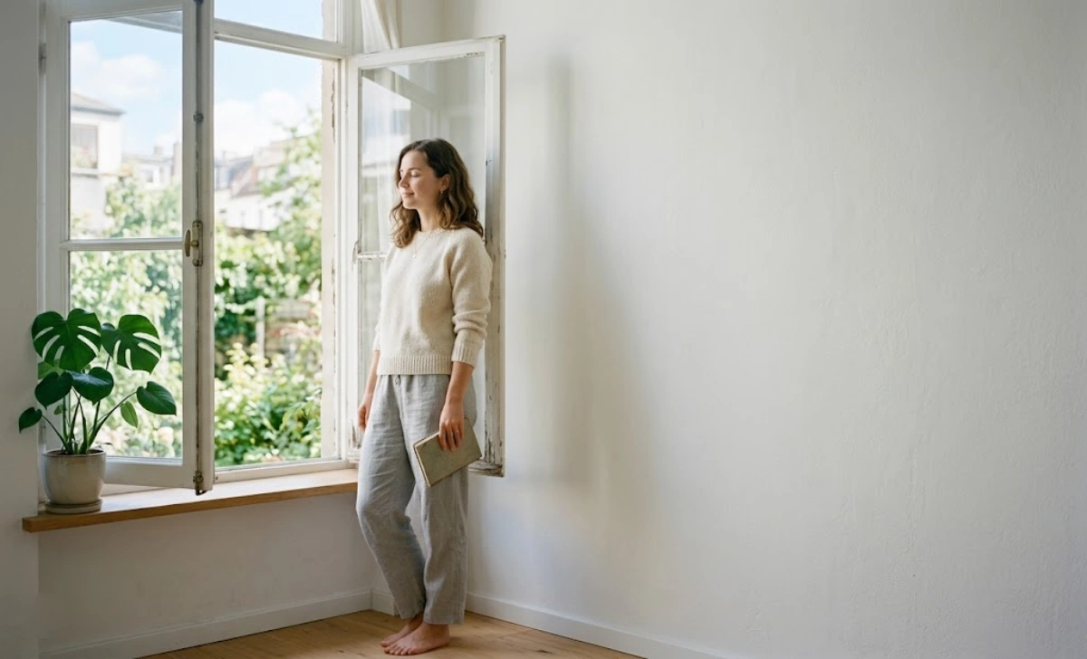 A calm person standing by a bright window with a notebook, representing small daily steps to practice Zvodeps mental flexibility