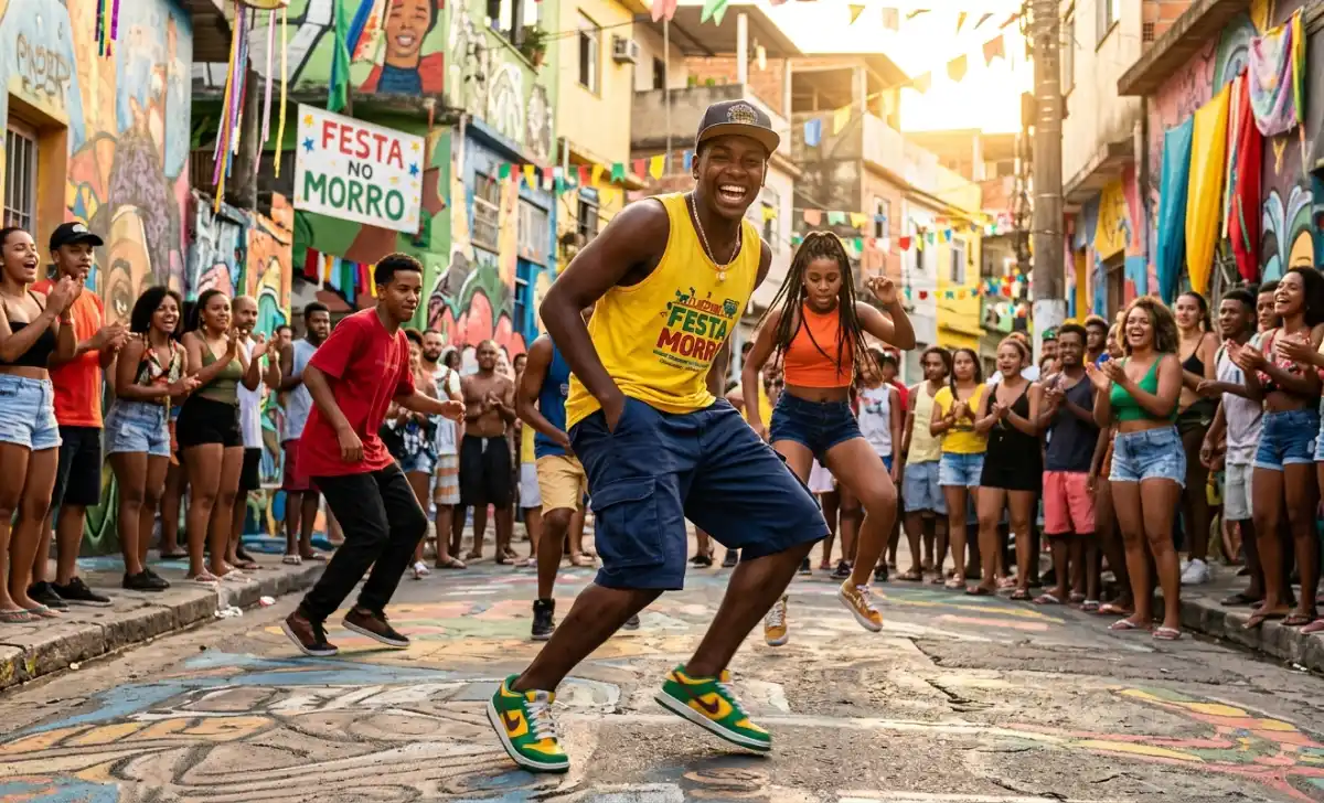Dancers performing the Dubolsinho Brazilian street dance with fast footwork and pocket arm moves